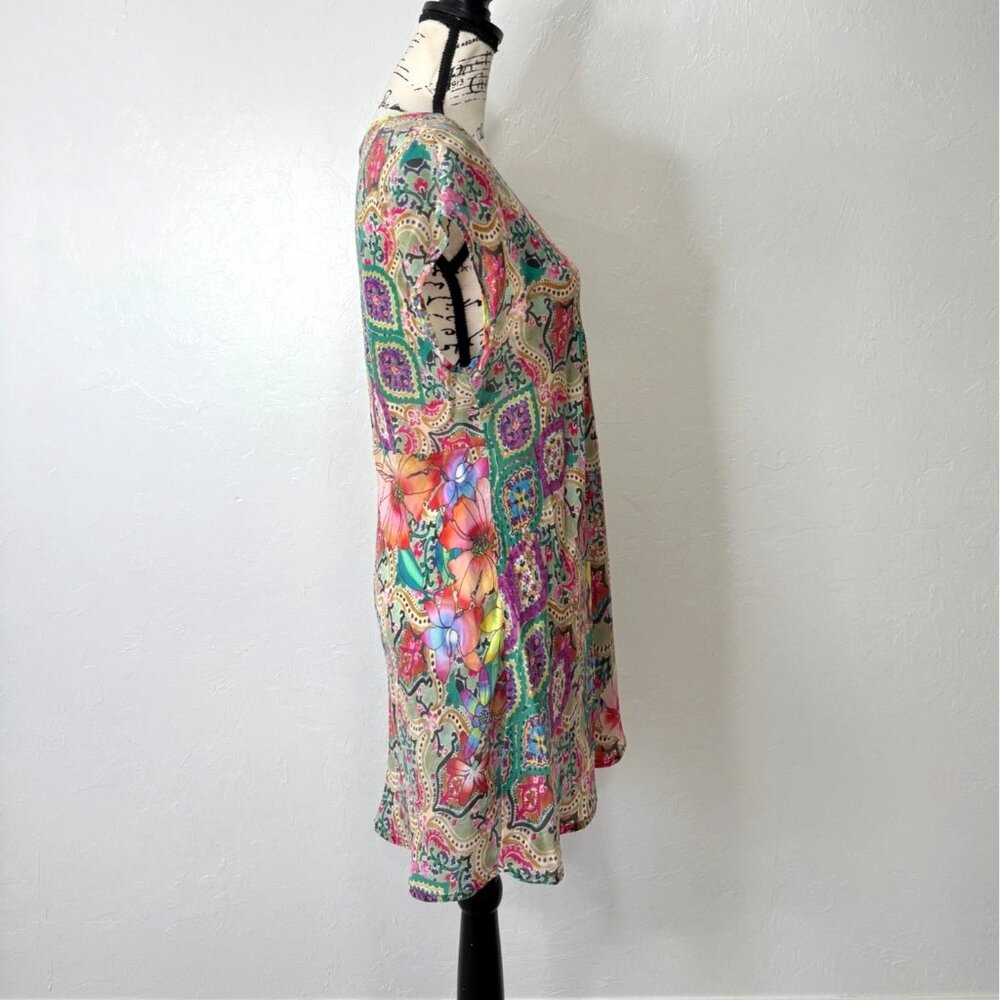 Johnny Was Women Size M Mini Tunic Dress Floral Paisley Short Sleeve Cupra Rayon - Picture 4 of 7